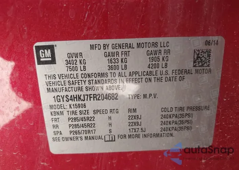 2015 Cadillac Escalade Esv Luxury z USA, uszkodzony, nr VIN 1GYS4HKJ7FR204682